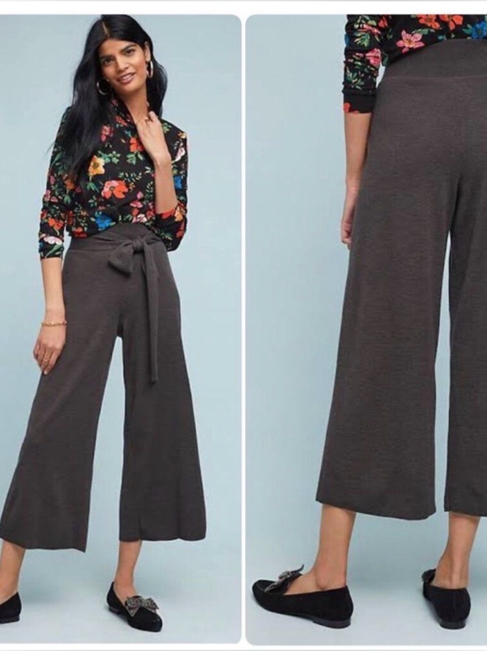 Moth by Anthropologie Wool Blend Wide-Leg Tie-Waist Pants in Charcoal Gray